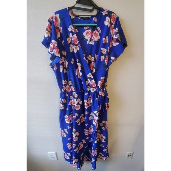 BLUE floral crepe faux wrap maxi dress plus 2X - Picture 1 of 9